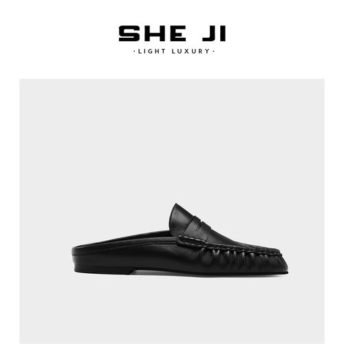 SHEJI奢季  全羊皮复古英伦包头半拖豆豆女拖鞋主图