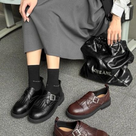 漫斯贝尔真皮厚底流苏布2026新款春季时尚百搭英伦小皮鞋黑色单鞋