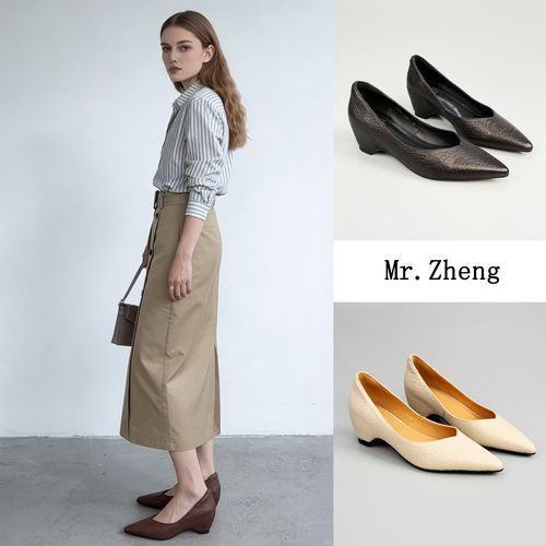 Mr.Zheng/5cm/荔枝纹单鞋女尖头鞋百搭内增高羊皮高跟鞋主图