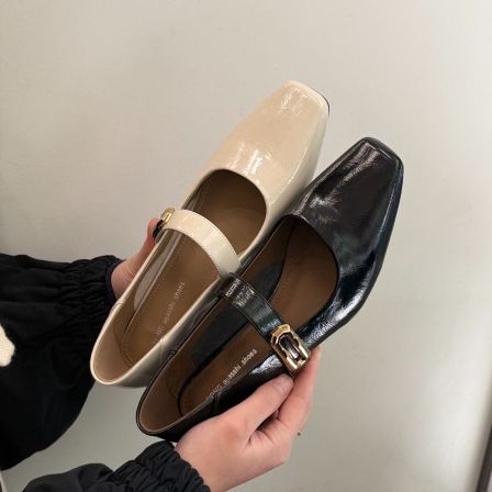 高品质女鞋法式方头玛丽珍鞋女一字扣带浅口粗跟百搭舒适单鞋12-7