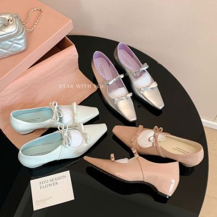 【STAR】蝴蝶结玛丽珍法式气质温柔小众尖头百搭浅口粗跟单鞋2/5cm