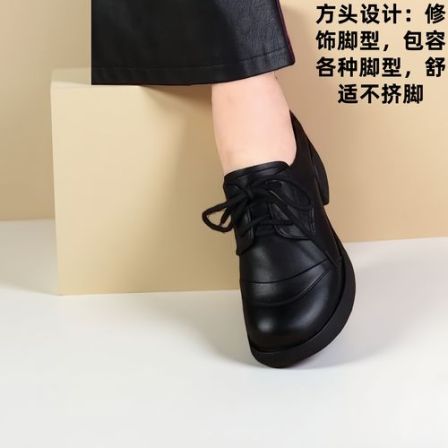 春秋季新款极简风软皮粗跟系带百搭舒适妈妈单鞋黑色2026女鞋