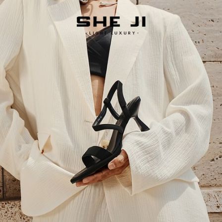 SHEJI奢季胎羊皮内里显瘦手工高跟凉鞋