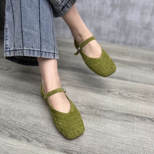 艺鞜2025年夏季新款真皮方头一字带浅口玛丽珍编织平底软底单鞋女主图