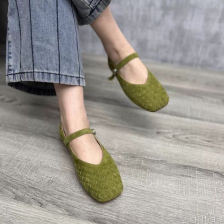 艺鞜2025年夏季新款真皮方头一字带浅口玛丽珍编织平底软底单鞋女