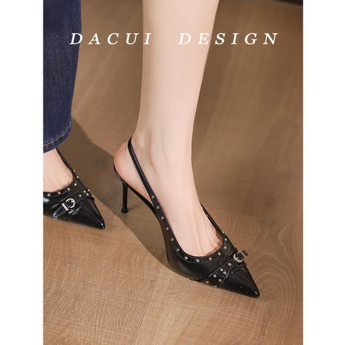 性感一字带黑色尖头高跟鞋女精致外穿皮带扣包头半拖鞋细跟穆勒鞋主图