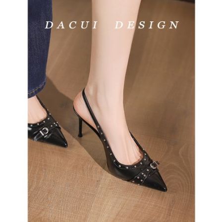 性感一字带黑色尖头高跟鞋女精致外穿皮带扣包头半拖鞋细跟穆勒鞋