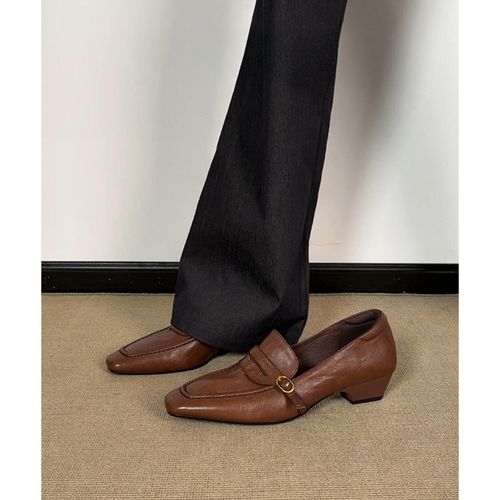 羊皮版~粗跟复古方头金属扣乐福鞋女通勤百搭真皮单鞋时尚工作鞋主图