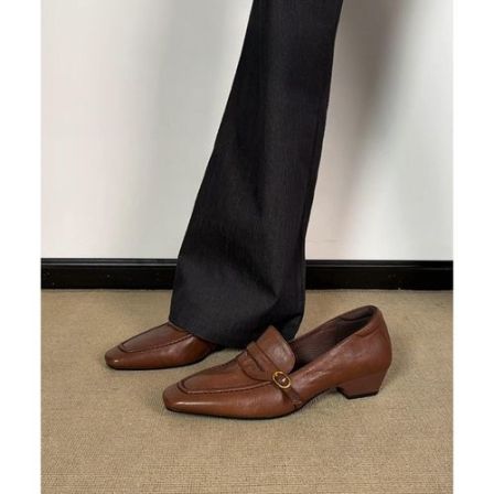 羊皮版~粗跟复古方头金属扣乐福鞋女通勤百搭真皮单鞋时尚工作鞋