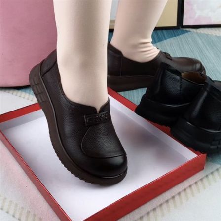 单鞋女真皮圆头深口平底一脚蹬皮鞋女复古休闲百搭软皮软底妈妈鞋