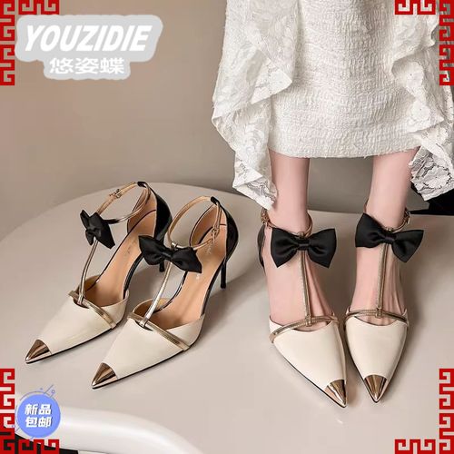 YOUZIDIE在逃公主~拼色蝴蝶结2026夏尖头细高跟真皮一字扣带包头主图
