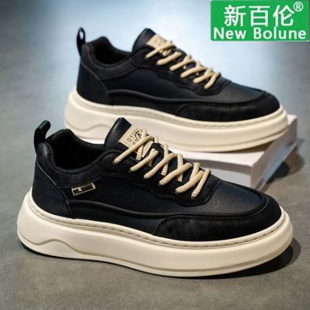 新百伦男鞋2025秋季潮流休闲皮面男士板鞋百搭运动厚底黑色潮鞋子