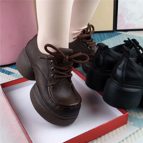 单鞋女真皮圆头厚底深口系带皮鞋女复古休闲鞋百搭软皮软底妈妈鞋主图