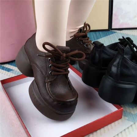 单鞋女真皮圆头厚底深口系带皮鞋女复古休闲鞋百搭软皮软底妈妈鞋