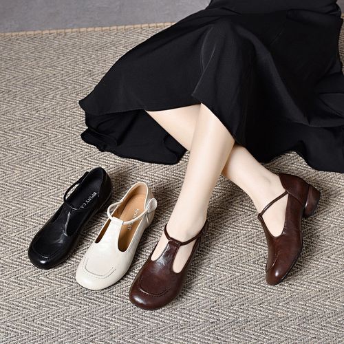 春秋新款真皮低跟舒适软底女单鞋一脚蹬奶奶鞋主图