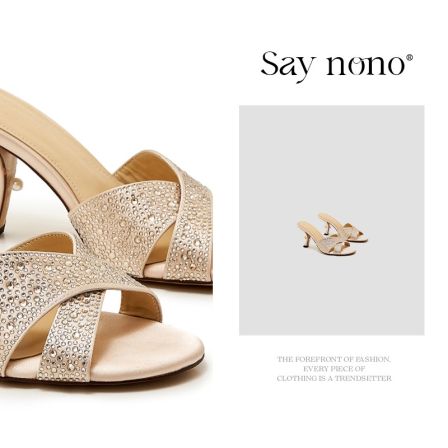 Say  nono  露趾交叉带水钻宴会性感珍珠跟真丝后空凉鞋6cm