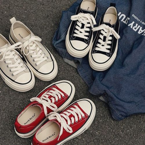 厚底爆款红色帆布鞋女春季新款圆头系带运动休闲松糕板鞋A611235主图