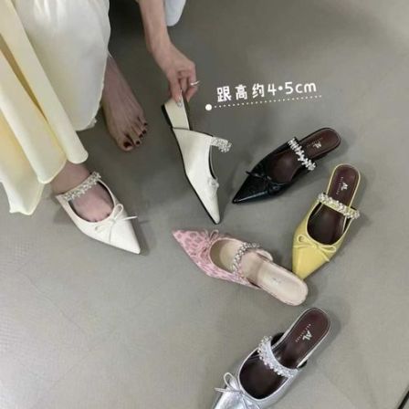 法式银色包头半拖鞋女夏季内增高水钻尖头软底凉鞋一脚蹬气质凉拖