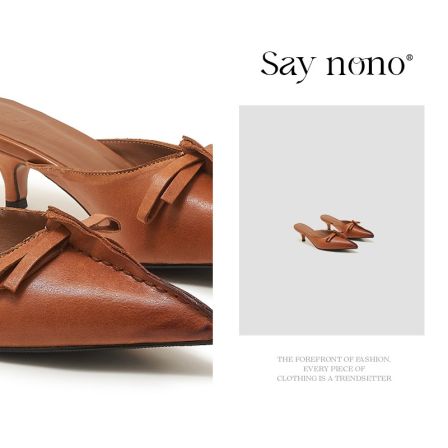 Say  nono  法式尖头穆勒气质做旧蝴蝶结后空细跟包头半拖鞋3.5cm