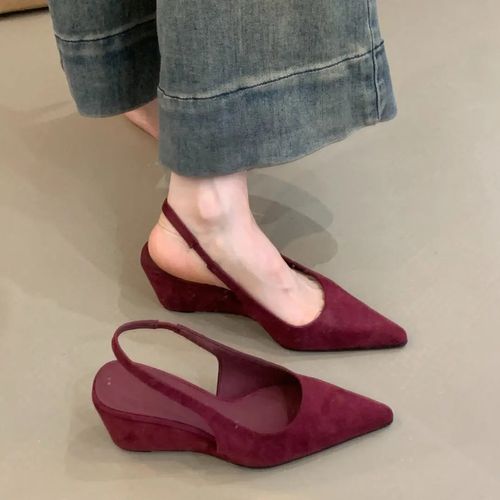 厚底包头凉鞋新款气质优雅绒面尖头浅口坡跟后空单鞋主图