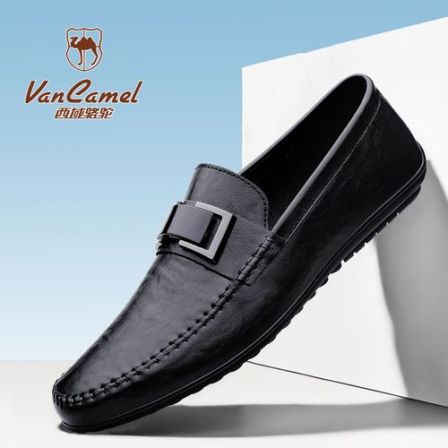 西域骆驼真皮豆豆鞋男牛皮休闲冬季加绒保暖一脚蹬软底套脚棉皮鞋