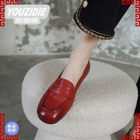 YOUZIDIE英伦风高品质乐福鞋复古头层牛皮内增高一脚蹬单鞋红色