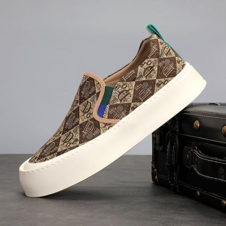 早春薄款透气一脚蹬懒人低帮鞋帆布鞋痞帅轻奢印花休闲鞋男士板鞋