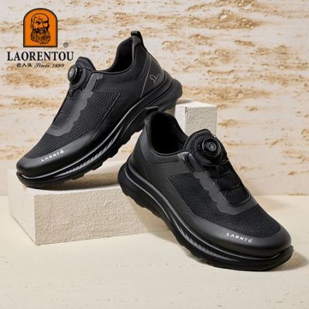 老人头2026男鞋素面透气网面软底鞋圆头春夏黑色运动鞋运动休闲鞋