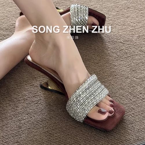 珍珠家水钻一字黑色棕色金属坡跟凉鞋主图