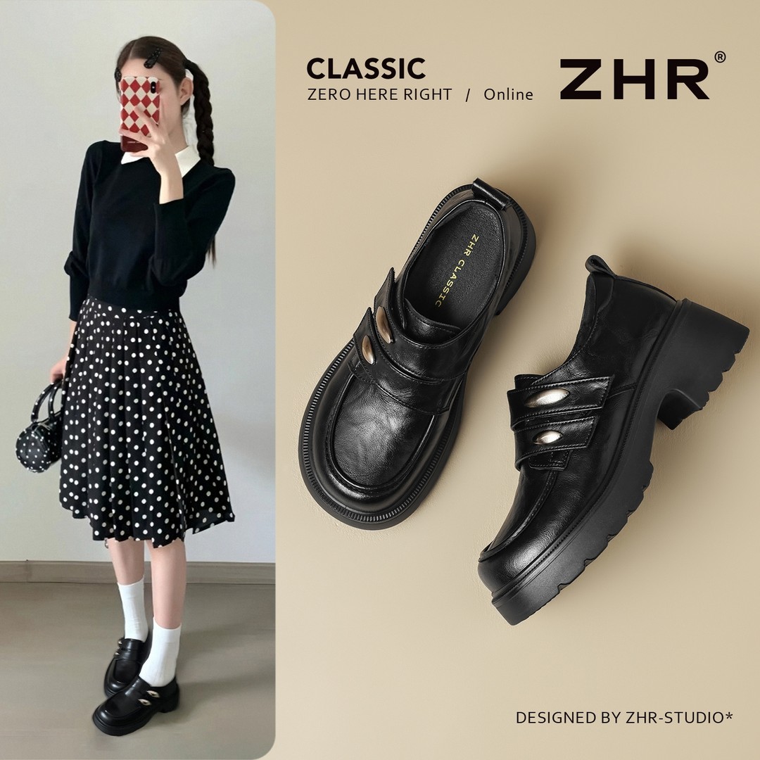 ZHR则则5CM粗跟厚底乐福鞋女春款学院英伦风魔术贴搭扣小皮鞋QE37主图