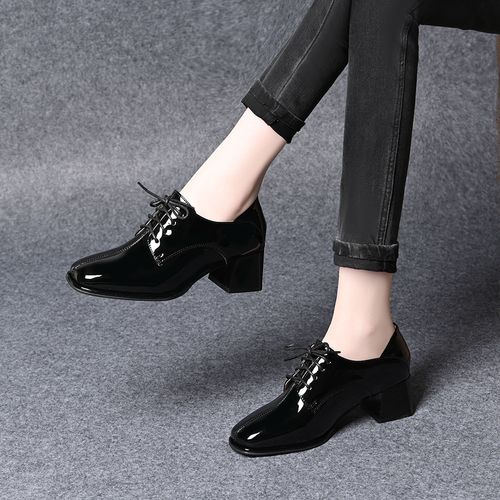 方头粗跟深口单鞋女春秋季新款英伦风中跟百搭系带舒适通勤小皮鞋主图