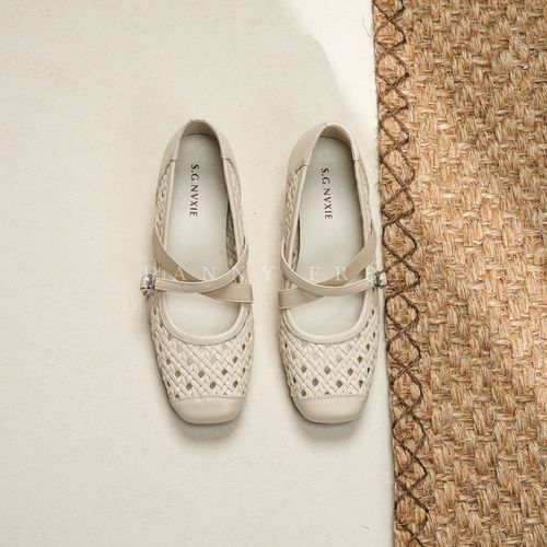 Dannyfrey丹尼芙蕾春夏新款手工编织镂空一字带包头玛丽珍凉鞋4CM主图