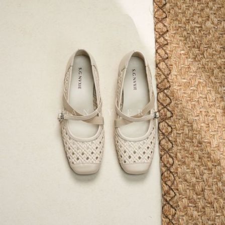 Dannyfrey丹尼芙蕾春夏新款手工编织镂空一字带包头玛丽珍凉鞋4CM