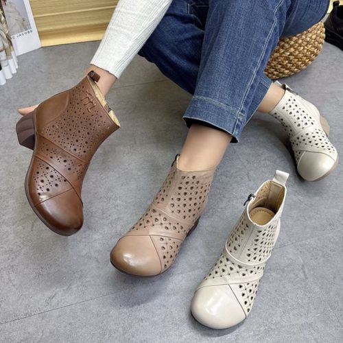 【单里】复古镂空牛皮8311软底粗跟妈妈夏季镂空女短靴真皮靴子主图
