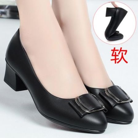 真皮软底舒适单鞋百搭粗跟中跟方扣女鞋工作鞋女黑色皮鞋法式瓢鞋