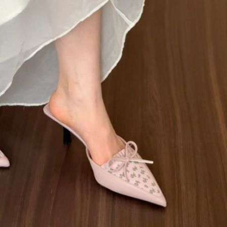 MDH-A79-20法式气质拼接蝴蝶结包头半拖鞋女鞋外穿碎花高跟鞋凉鞋