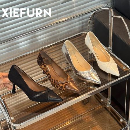 XIEFURN/鞋夫人小高跟鞋2026女豹纹气质高级法式尖头细跟单鞋浅口
