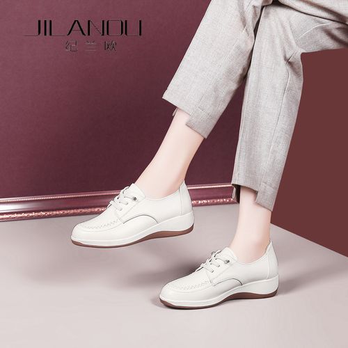 白色真皮深口单鞋女2026春季新款软底妈妈鞋平底头层牛皮休闲女鞋主图