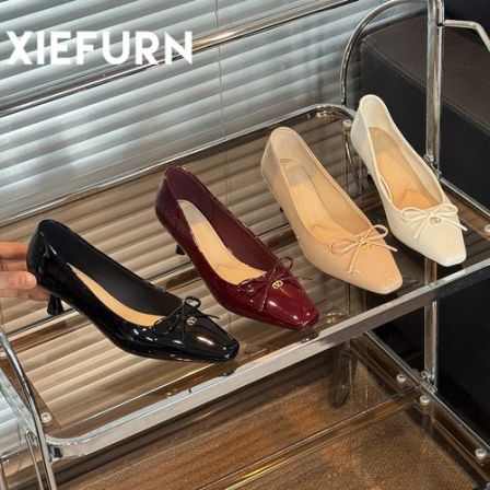 XIEFURN/鞋夫人2026春复古方头高跟鞋黑色女蝴蝶结浅口细跟单鞋