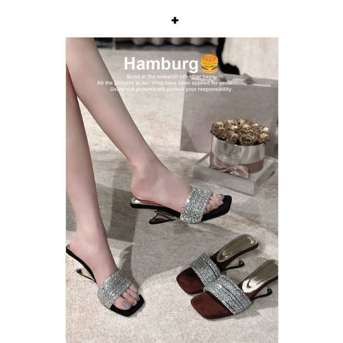 汉堡Hamburg【脚感惊艳】名媛坡跟水钻露趾拖鞋女小众异性跟凉拖鞋主图