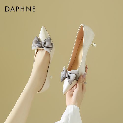 达芙妮气质蝴蝶结高跟鞋法式尖头浅口单鞋女缎面时尚低帮鞋386-10主图