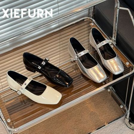 XIEFURN/鞋夫人黑色浅口法式方头百搭一字扣复古玛丽珍单鞋皮鞋女