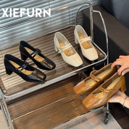 XIEFURN/鞋夫人方头粗跟玛丽珍鞋高跟女2026新款浅口纹理感单鞋