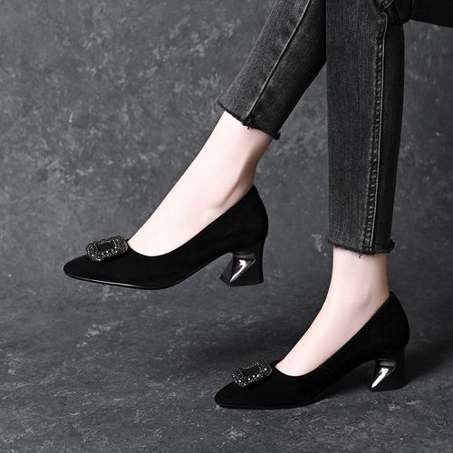 真皮羊皮中跟浅口单鞋女2025春秋新款尖头水钻方扣磨砂粗跟通勤鞋主图