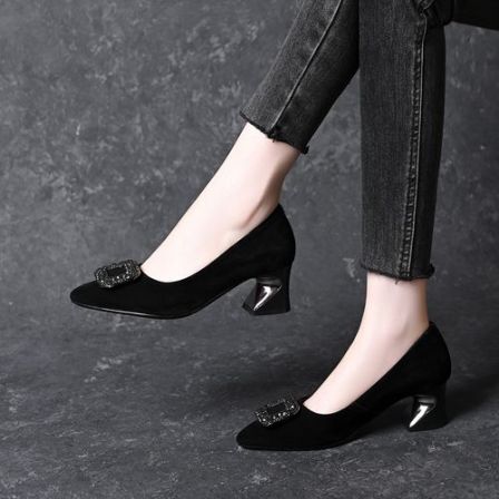 真皮羊皮中跟浅口单鞋女2025春秋新款尖头水钻方扣磨砂粗跟通勤鞋