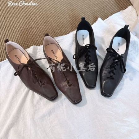 ReneChristine法式鱼骨蝴蝶结春夏新款复古小方头平底单鞋女系带