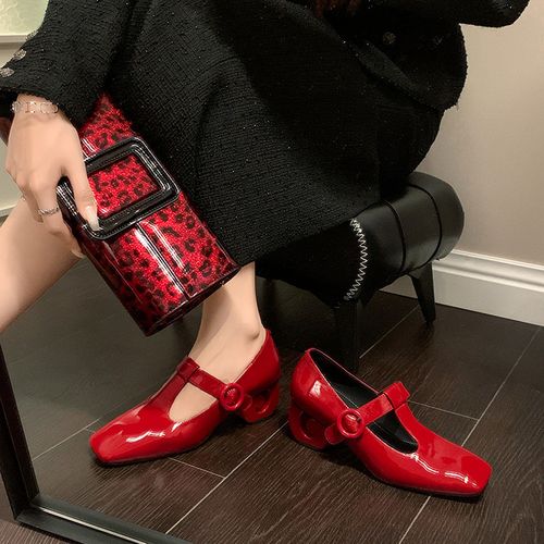 牛皮~5cm红色法式方头浅口单鞋女粗跟玛丽珍扣带漆皮高跟真皮女鞋主图