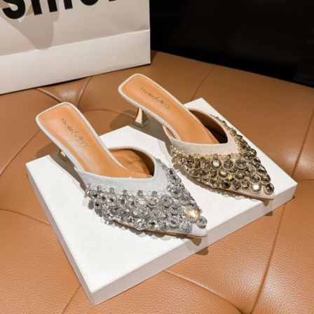 夏季新款手工制作水钻串珠高跟包头拖尖头亮晶晶女鞋