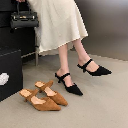 复古包头半拖鞋女外穿细跟尖头高跟鞋通勤气质后空凉鞋春夏穆勒鞋