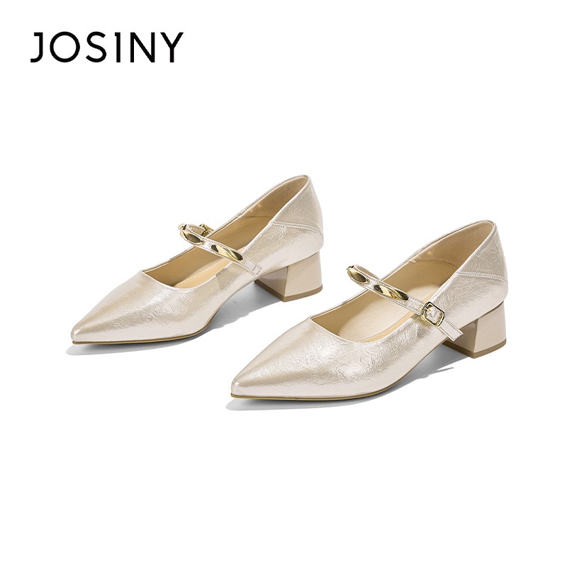 【浅金碎钻】卓诗尼2026软底百搭新款法式尖头粗跟玛丽珍百搭女单鞋主图